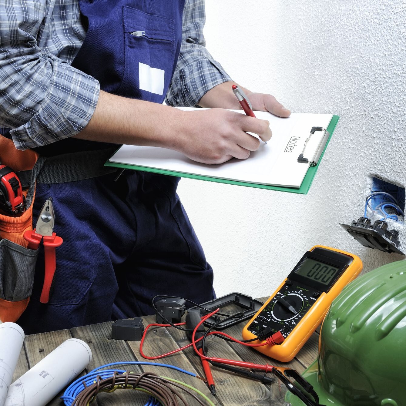 Young electrician at work on switches and sockets of a residential electrical installation.